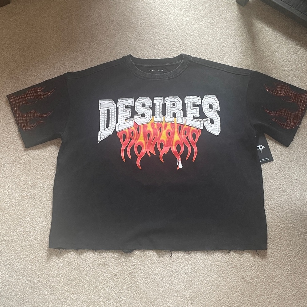 Black 'Desires' Graphic Tee with Flame Print- Unisex